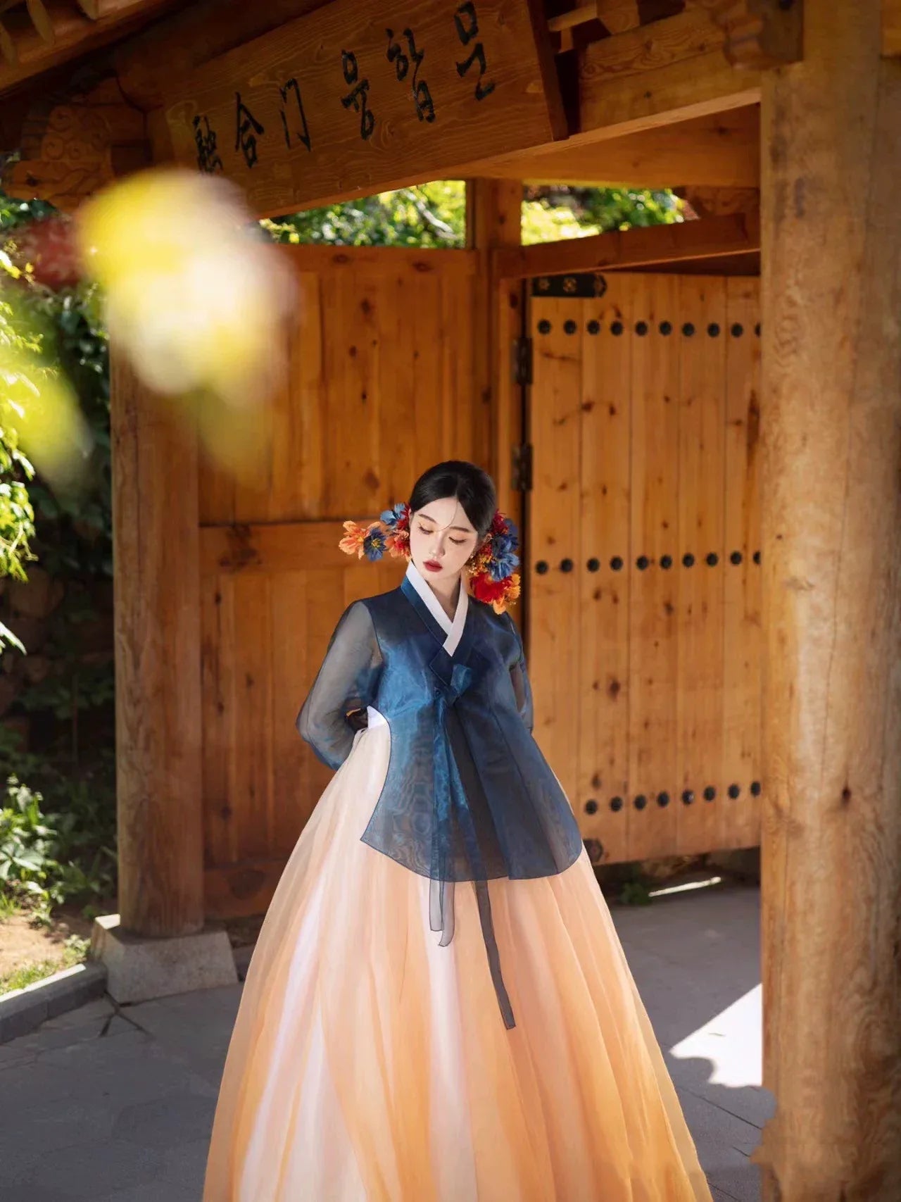 Blue&Orange Hanbok Dress – Korean Palace Style Women's Outfit for Event,Photoshoots, Dance & Stage Shows - Yandan_Hanfu