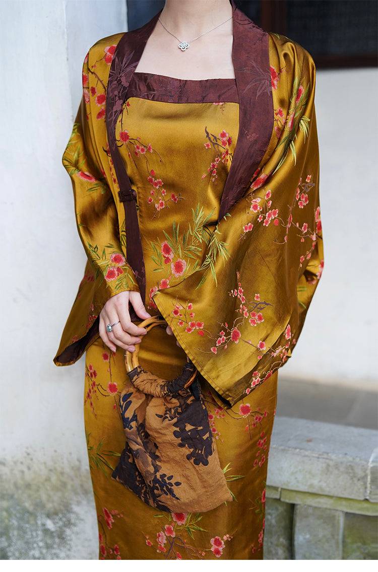 Close-up of Golden Jelly Dress Set showing intricate floral jacquard design and soft cloud yarn jacket, accessorized with a brown drawstring handbag.