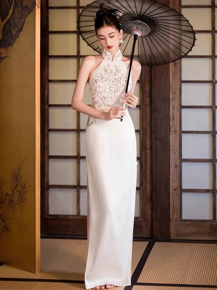 White Engagement Cheongsam Toast Bridal Dress - Yandan_Hanfu