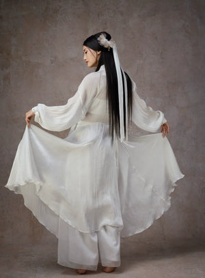 Graceful White Wide-Sleeve Chiffon Hanfu – Classical & Jazz Fusion Dance Dress - Yandan_Hanfu