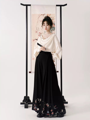 Whispers of Bloom – Floral Crane Set with Horse-Face Pants | Han-Inspired Spring-Autumn Wear - Yandan_Hanfu