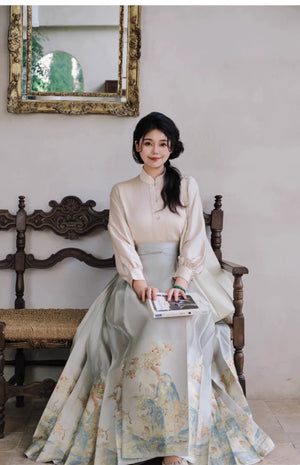 Yu Bai Green & Pink Hanfu Weaving Gold Horse Dress Crane Symphony - Yandan_Hanfu