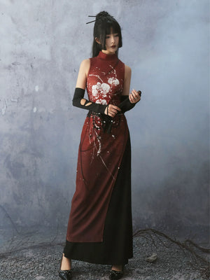 Scarlet Orchid – High-Slit Qipao Dress | Red Mandarin Collar New Chinese Style Slim Fit Gown - Yandan_Hanfu