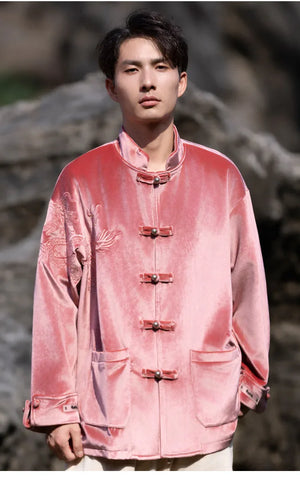 New Chinese Tang style men's button top autumn and winter coat golden velvet - Yandan_Hanfu