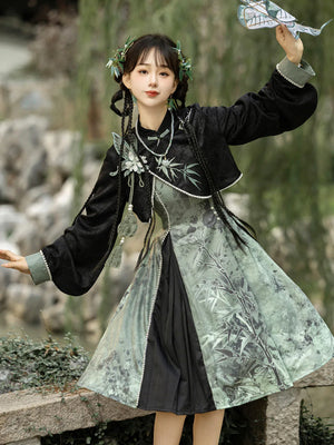 Tobacco bamboo Chinese style Mori girl Han element green lolita cheongsam - Yandan_Hanfu