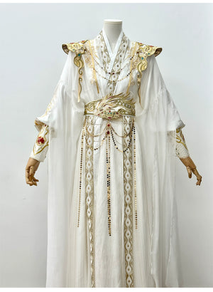 【Radiance of the Dragon】 White Hanfu Ensemble with Cross-Collar, Clouded Shoulders & Embroidered Seal men Unisex - Yandan_Hanfu