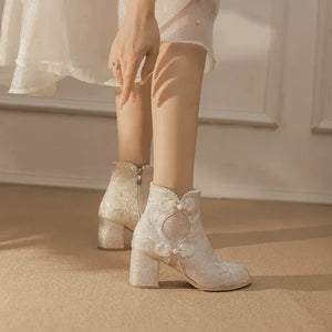 Pearl-Embellished Lift Boots – Modern Oriental Short Ankle Boots for Hanfu & Qipao - Yandan_Hanfu