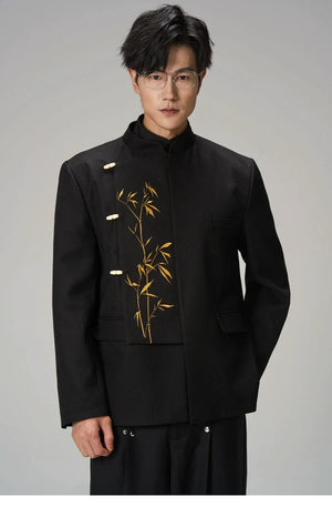 Golden Bamboo Embroidered Mandarin Blazer – Black New Chinese Unisex Jacket - Yandan_Hanfu