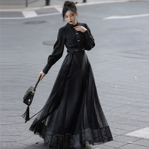 Oriental Grace – Hanfu-Inspired Set | Embroidered Bamboo Tassel Vest with Qipao Collar Top & Mamian Skirt - Yandan_Hanfu