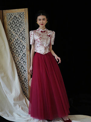 "Mei Xue Gauze Dress Set" Bridal Red Engagement Dress Cheongsam Xiuhe Dress - Yandan_Hanfu