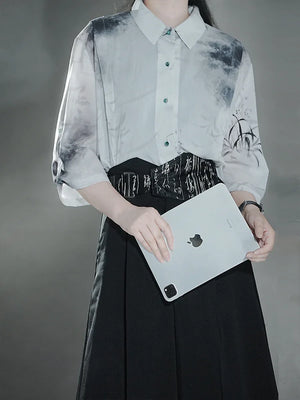 Clivia ink shirt Chinese fashion new Chinese element pants summer suit - Yandan_Hanfu