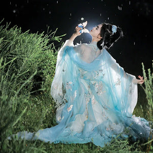 Tang Dynasty | Princess Ensemble: Embroidered Chest-length Wrap Skirt & Flowing Blue Big-sleeved Dress - Yandan_Hanfu