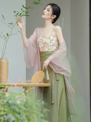 Garden Letter Romantic Daily Changgan Temple Hanfu Three piece Set - Yandan_Hanfu