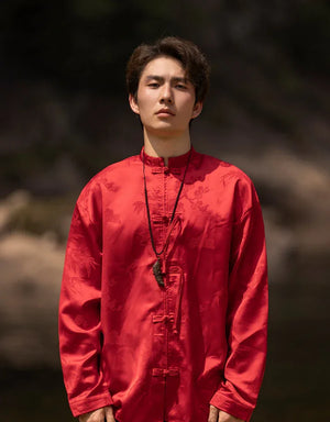 Bamboo leaf print disc buckle Tang suit men's retro Chinese style shirt - Yandan_Hanfu