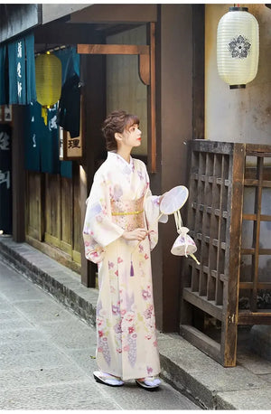 Cherry blossom season fresh and elegant beige Japanese kimono dress women's improved kimono yukata - Yandan_Hanfu