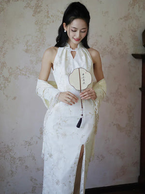 "Qianzhi" white embroidered shawl showing thin backless cheongsam bride wedding dress toast engagement - Yandan_Hanfu