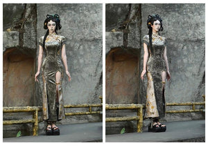 Spring Dragon Festival, Chinese national style disc buckle slim fish tail long slit cheongsam dress - Yandan_Hanfu