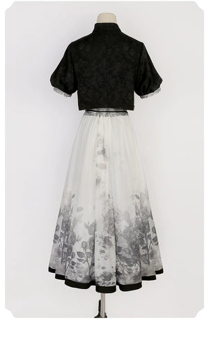 Back view of New Chinese style black top and floral print skirt set on mannequin, ideal for spring and summer fashion.