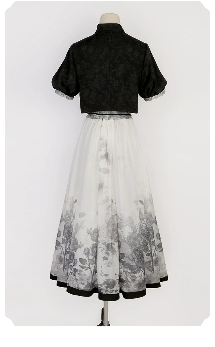 Back view of New Chinese style black top and floral print skirt set on mannequin, ideal for spring and summer fashion.