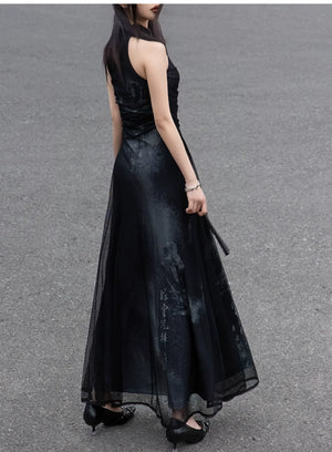 Iris Shadow – Sleeveless Grey Ombre Qipao | New Chinese Style Knitted A-Line Maxi Dress - Yandan_Hanfu