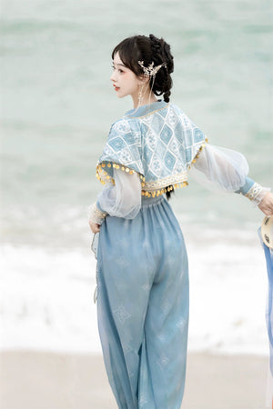 Back view of blue Hanfu Princess Jasmine suit by 【Cloud Traveler】, highlighting gold coin trim and diamond pattern embroidery.