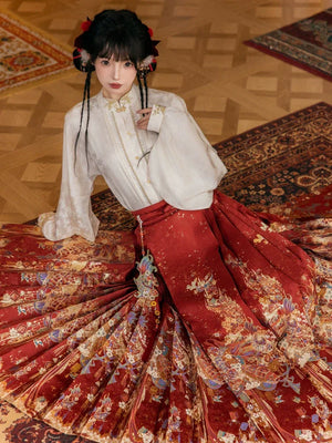 Lantern Banquet Red Hanfu Set – Women's Wedding Outfit with Woven Gold Mamian Skirt, New Chinese Style - Yandan_Hanfu