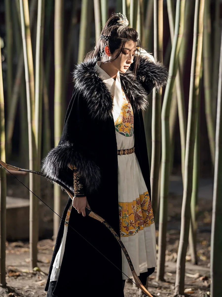 Hanfu Cape with Detachable Imitation Raccoon Fur Collar for Men in Black, Perfect for Spring and Autumn - Yandan_Hanfu
