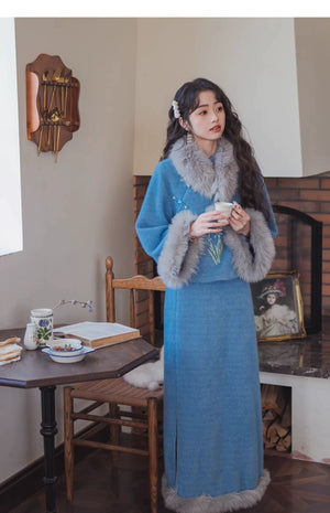 Blue Orchid Modern Qipao Tow piece Set – Winter Chinese Style Outfit - Yandan_Hanfu