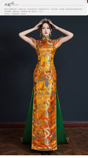 Runway Elegance – Luxury New Chinese Style Mermaid Train Gold Qipao Evening Gown - Yandan_Hanfu