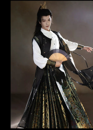 Unisex Hanfu Set – Inlaid Bronze-Inspired Brocade Horse-Face Skirt in Modern Chinese Style - Yandan_Hanfu