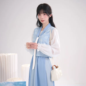 Sea Salt Sky Blue – Elegant Tang-Inspired Modern Hanfu with Long-Sleeve Top & Flowing Skirt - Yandan_Hanfu