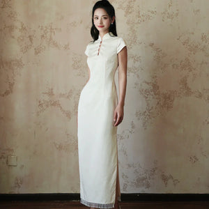 "Xi Zhu" White Dark Pattern Tassel Shawl Cheongsam Bride Wedding Dress Engagement - Yandan_Hanfu