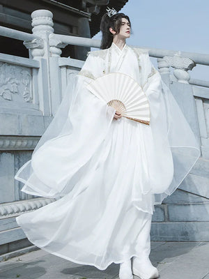 Cloud Collar Elegance – Unisex White Embroidered Modern Hanfu | Flowing Wide-Sleeve Wei-Jin Style Outfit - Yandan_Hanfu