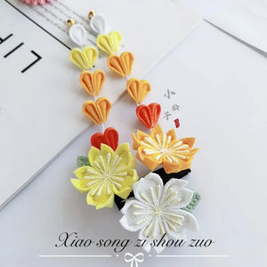 Sakura fine work hairpin 4-piece set Japanese kimono yukata with headdress Lolita pink ancient Japanese style cherry tea - Yandan_Hanfu