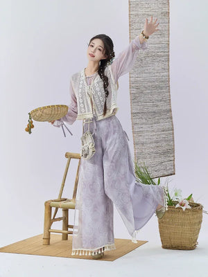 Sunny Brocade – Hanfu-Inspired Vest & Song Pants Set for Women - Yandan_Hanfu