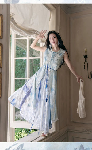 "Moran Canglan" Blue Modern Hanfu – Sleeveless Bijia Dress with Flowing Skirt & Han Elements for Spring/Summer - Yandan_Hanfu