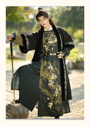 Golden Fish Over the Desert – Tang-Inspired Round Collar Hanfu Coat with Plush Fur Trim (Unisex Winter Set) - Yandan_Hanfu