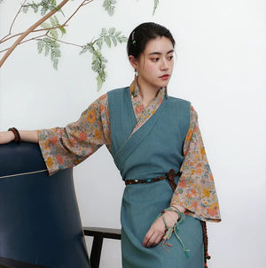 Qimeng – Tibetan-Inspired Women's Two-Piece Set | Cross-Collar Vintage Top & Long Skirt - Yandan_Hanfu