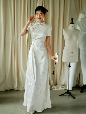 "Kite Butterfly" White Jacquard Cheongsam Bridal Toast Dress Engagement Dress - Yandan_Hanfu