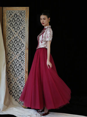 "Mei Xue Gauze Dress Set" Bridal Red Engagement Dress Cheongsam Xiuhe Dress - Yandan_Hanfu