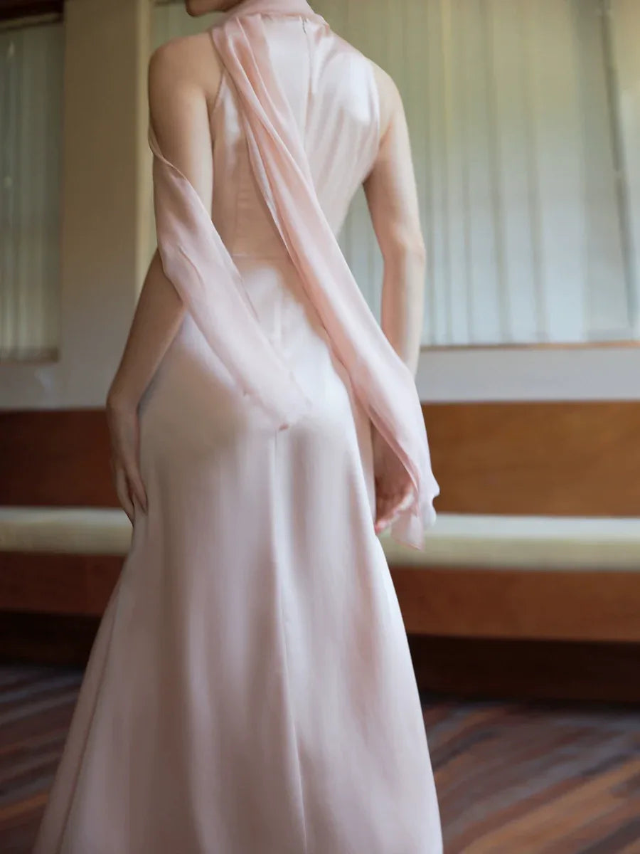 100% Acetate Mulberry Silk Modern Chinese Dress – Versatile Shawl Design, Off-Shoulder Summer Evening Gown - Yandan_Hanfu