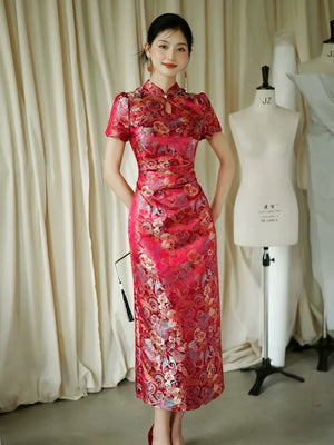 Yue Xi – Red Embroidered Jacquard Qipao for Wedding, Engagement & Tea Ceremony - Yandan_Hanfu