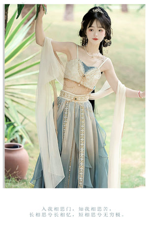 Model wearing Dunhuang Goddess Hanfu Dress in lake blue, showcasing summer-ready ancient Chinese fashion with flowing sleeves.