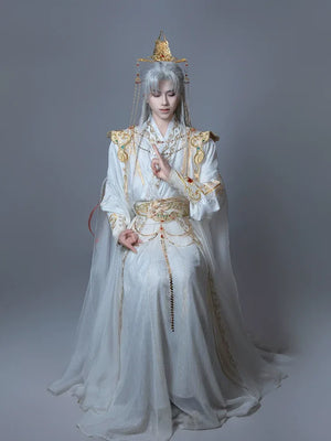 【Radiance of the Dragon】 White Hanfu Ensemble with Cross-Collar, Clouded Shoulders & Embroidered Seal men Unisex - Yandan_Hanfu