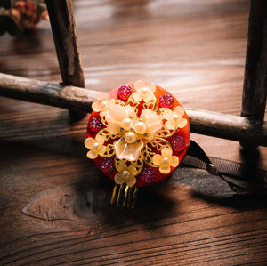 Orange Korean ethnic headgear with pink gem accents and floral pearl centerpiece, perfect for traditional hair fashion.