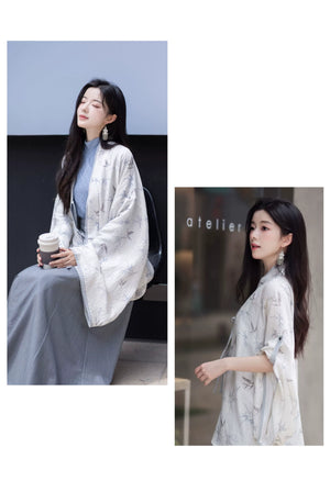 White Dew: Bamboo Shadows & Swallow Whispers – Jin-Style Hanfu Set | Tencel Pleated Robe with Rayon Camisole and Flowing Skirt - Yandan_Hanfu