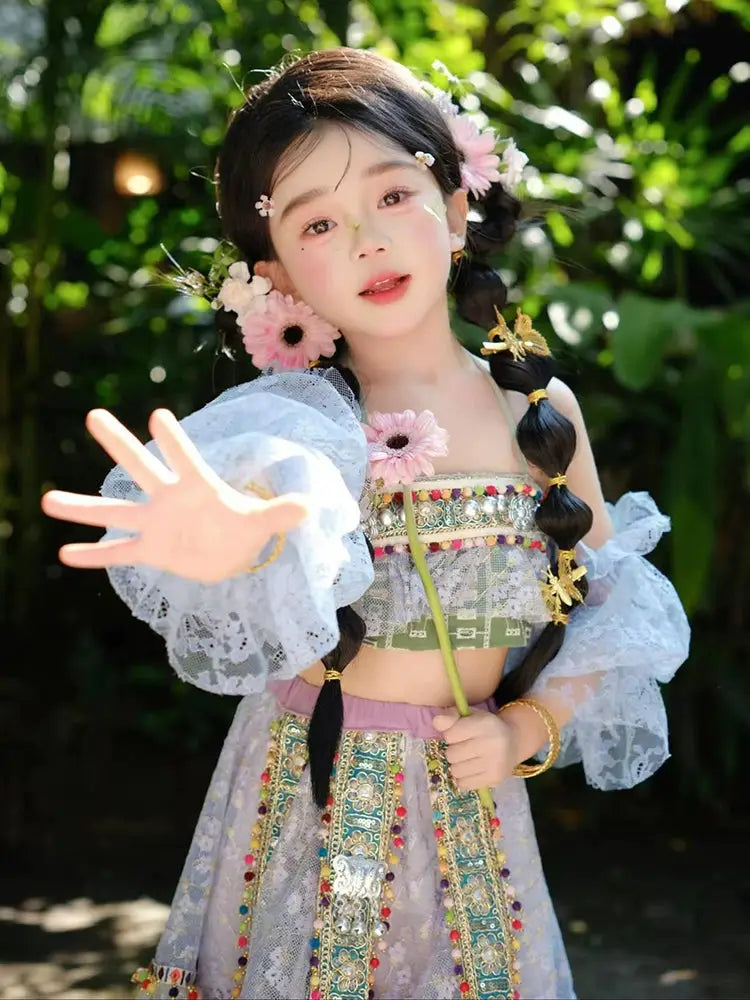 Kids Clothing Girls Cotton Dress with colorful embroidery, lace sleeves, and floral accents, perfect for summer and cultural events.
