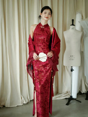 "Jubilee Bell" Red Cheongsam Shawl Bridal Toast Engagement Dress - Yandan_Hanfu