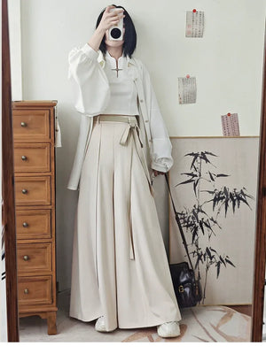 Tied Harmony – Unisex Wide-Leg Pants | New Chinese Style High-Waist Pleated Trousers with Belted Design - Yandan_Hanfu