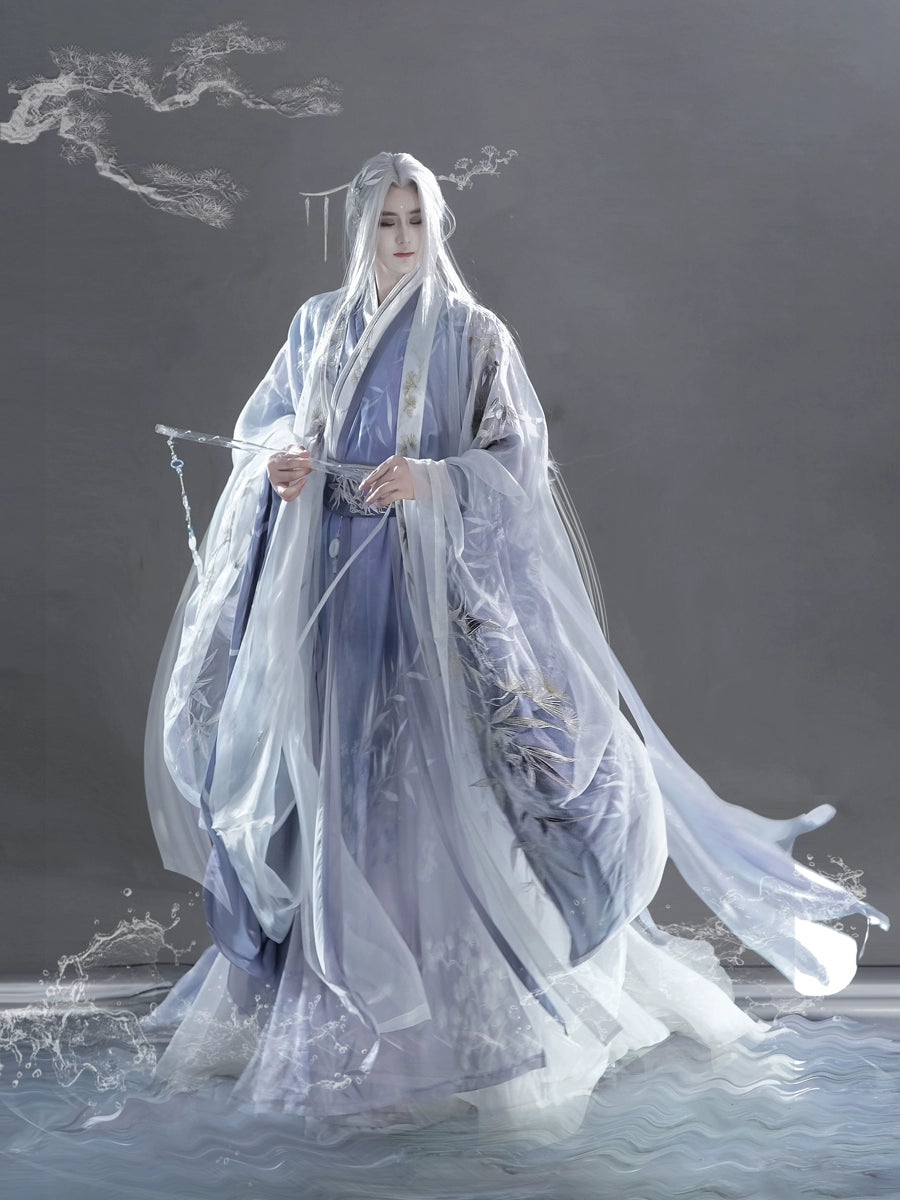 "Three Friends of Winter" – Modern Purple Hanfu Robe for Men with Flowing Sleeves